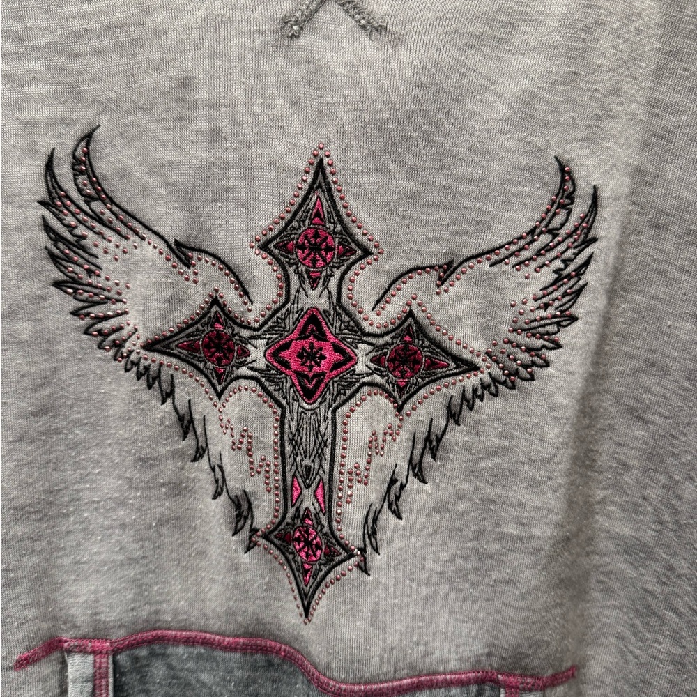 Gray and Pink Hooded Sweatshirt with Cross Design by Cowgirl Hardware. - Picture 2 of 7